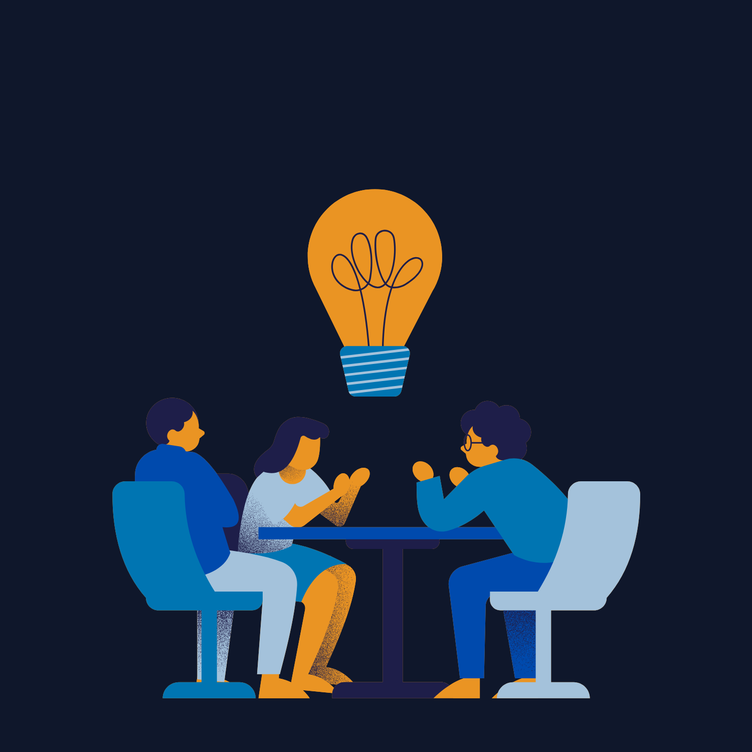 Team brainstorming app marketing strategies under a bright idea lightbulb.